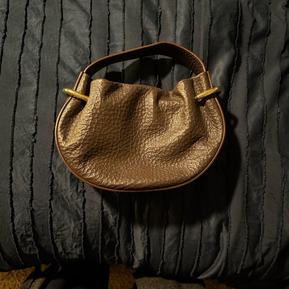 Ulla Johnson Tilda Mini Ruched Metallic Top-Handle Brown Leather crescent Bag